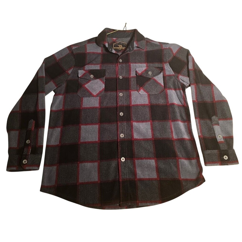 Freedom Foundry Mens L Fleece Shacket Plaid Button Down Shirt Grey Black Red L/G
